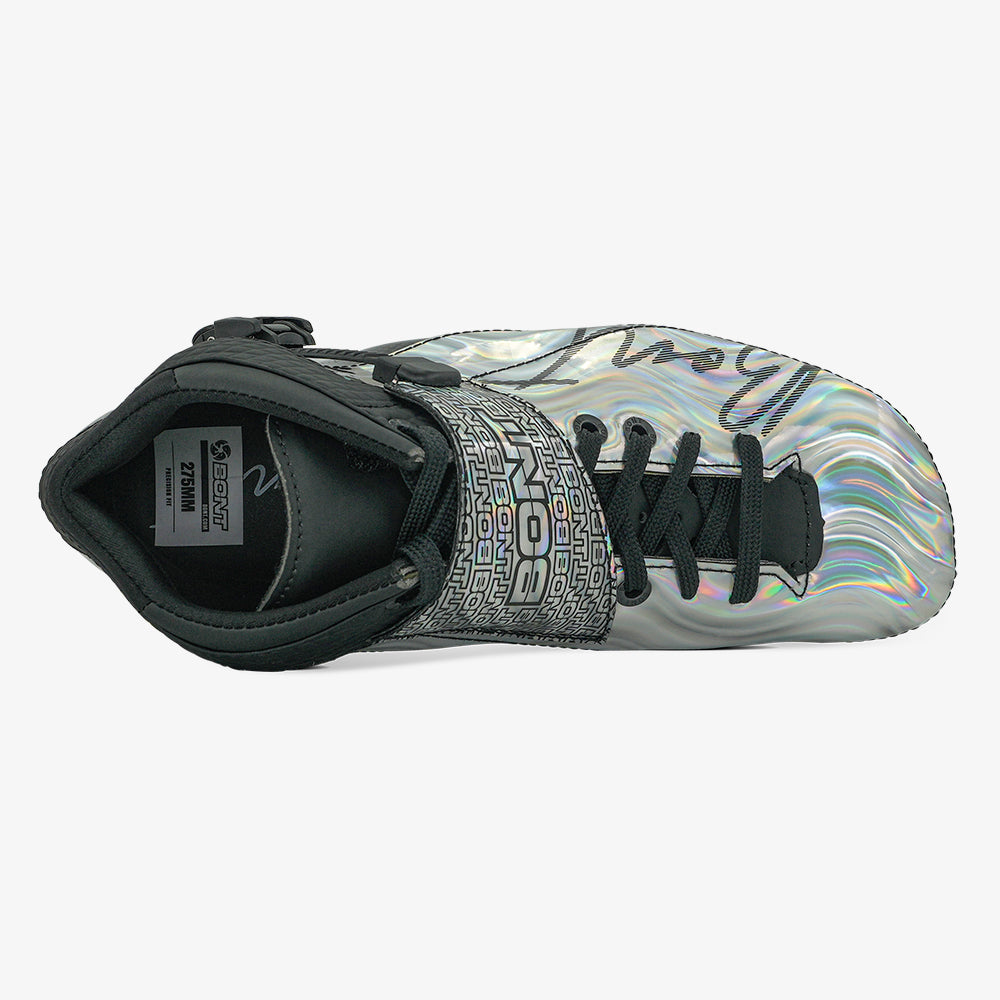 rainbow-silver-black-Top-down view of the Eclipse boot showing fit and lacing