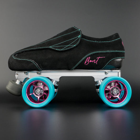 Side view of the Envy suede skate showing blue and black suede finish