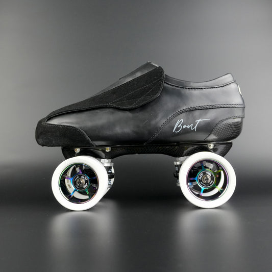 Side view of the Envy suede skate showing blue and black suede finish