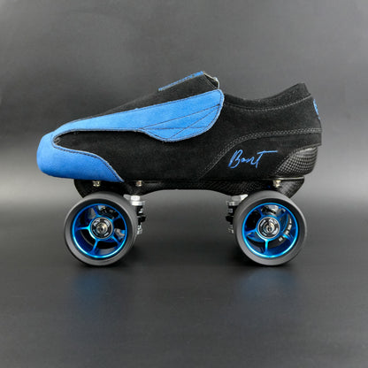 Side view of the Envy suede skate showing blue and black suede finish
