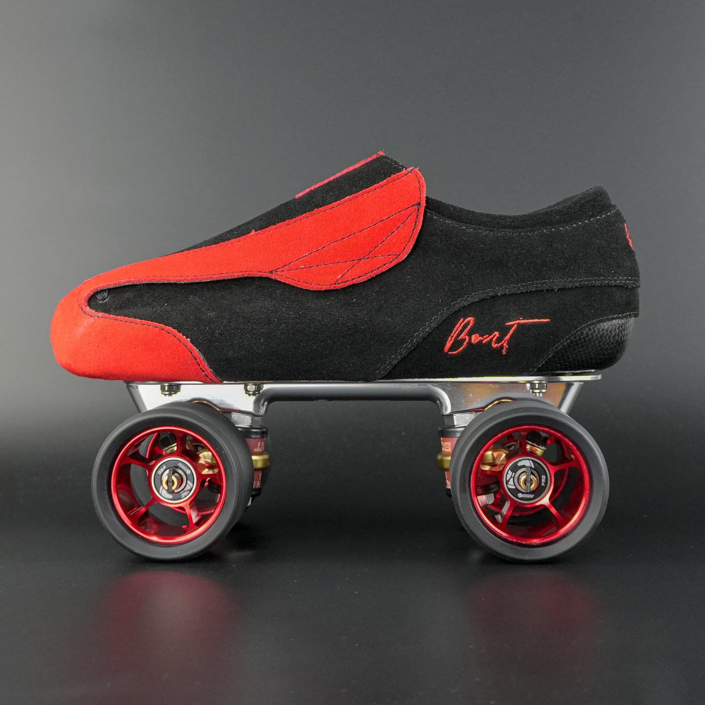 Side view of the Envy suede skate showing blue and black suede finish