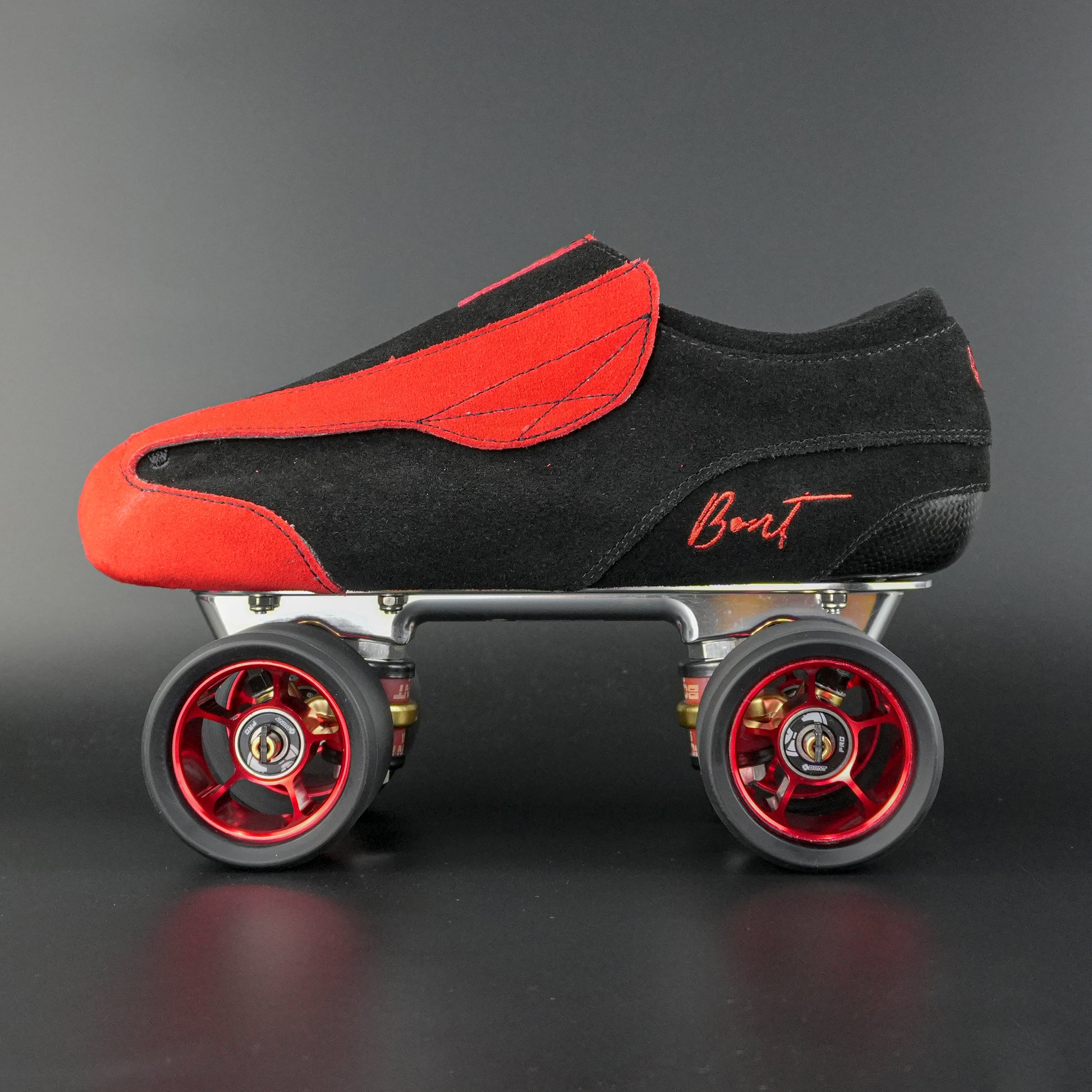 Side view of the Envy suede skate showing blue and black suede finish
