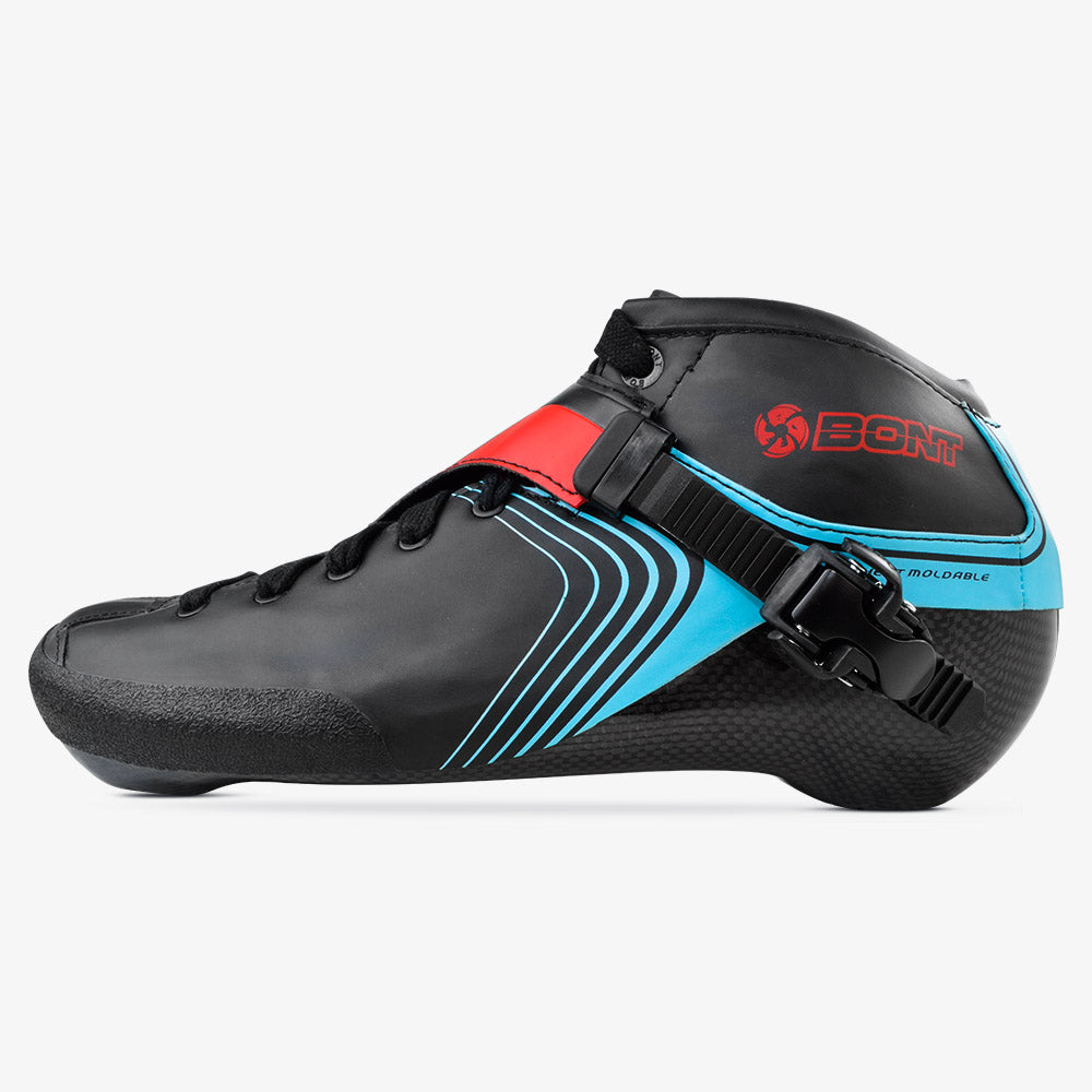 Side view of GT4 inline speed skate boot in black, showing low cut profile