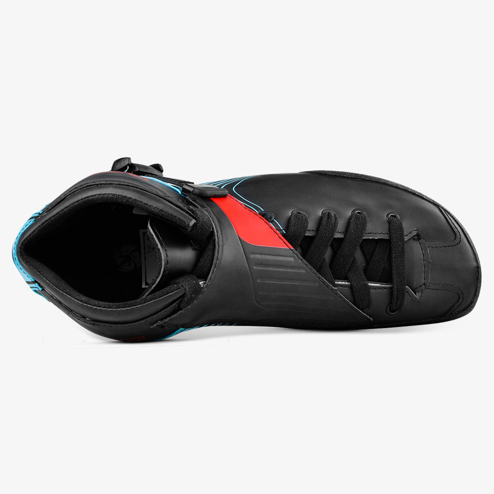 Top down view highlighting lacing, micro adjustable buckle, and tongue vent