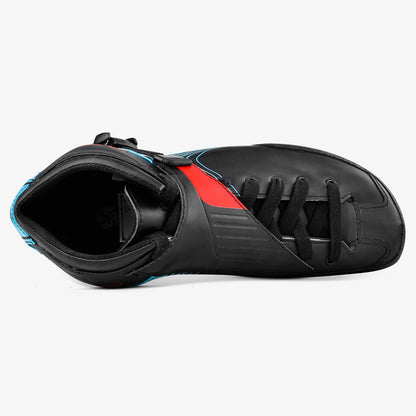 Top down view highlighting lacing, micro adjustable buckle, and tongue vent