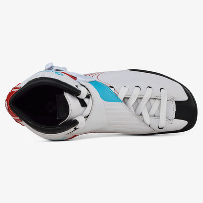 Top down view highlighting lacing, micro adjustable buckle, and tongue vent