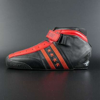 Side view of the limited edition black and red quad skate