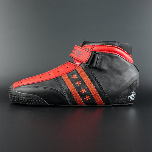 Side view of the limited edition black and red quad skate