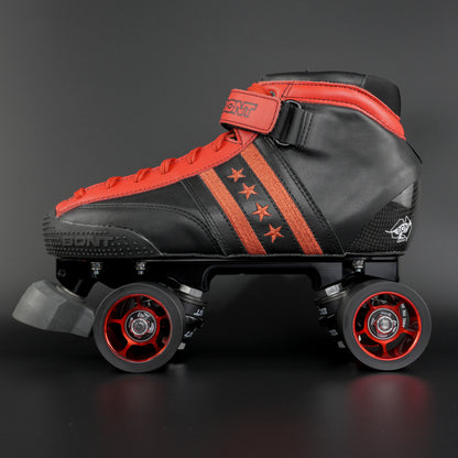 Side view of the limited edition black and red quad skate with 59 mm wheels