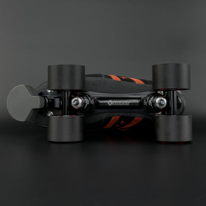 Skater wearing the black and red setup on an indoor rink during a corner