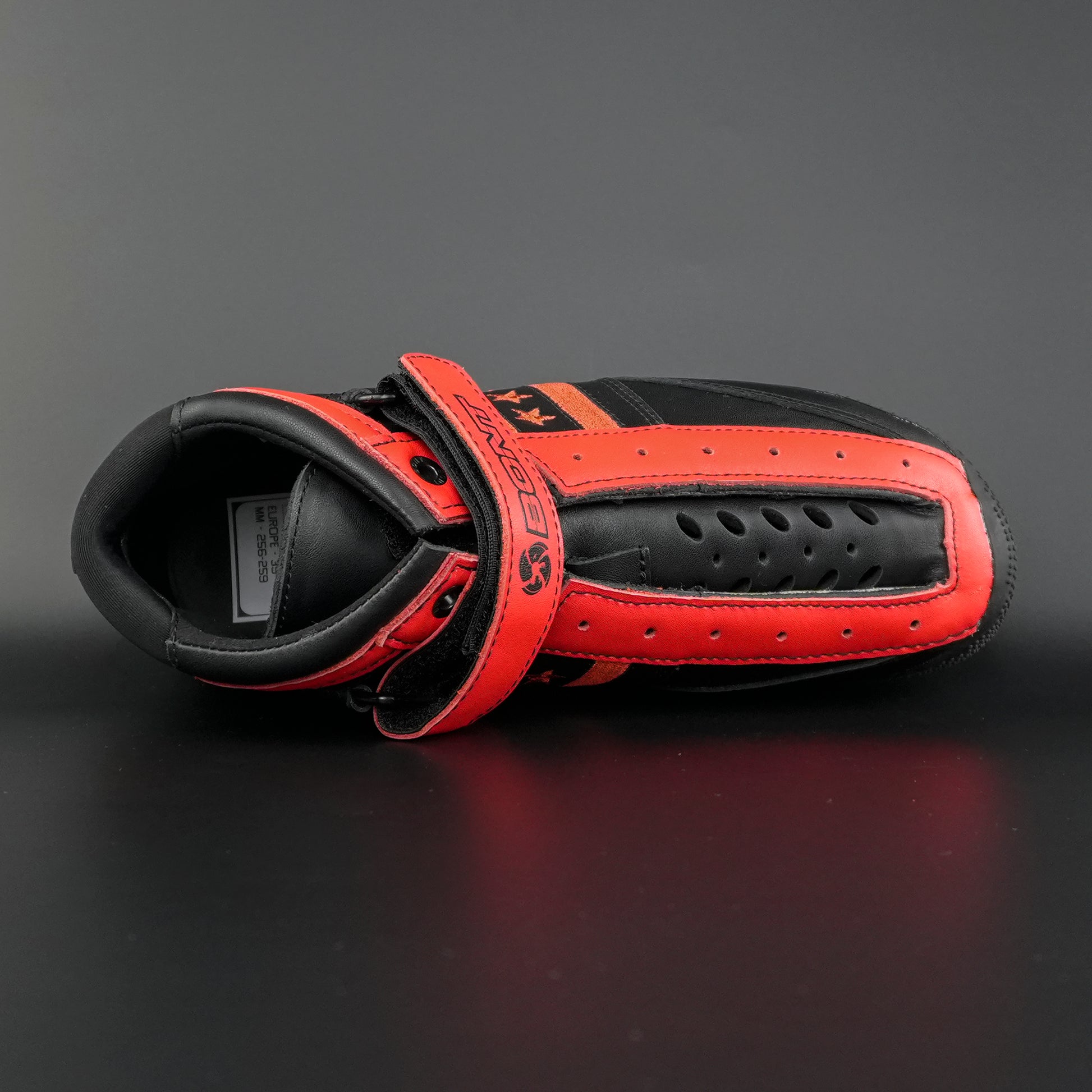 Top down view highlighting boot shape, padding, and tongue construction