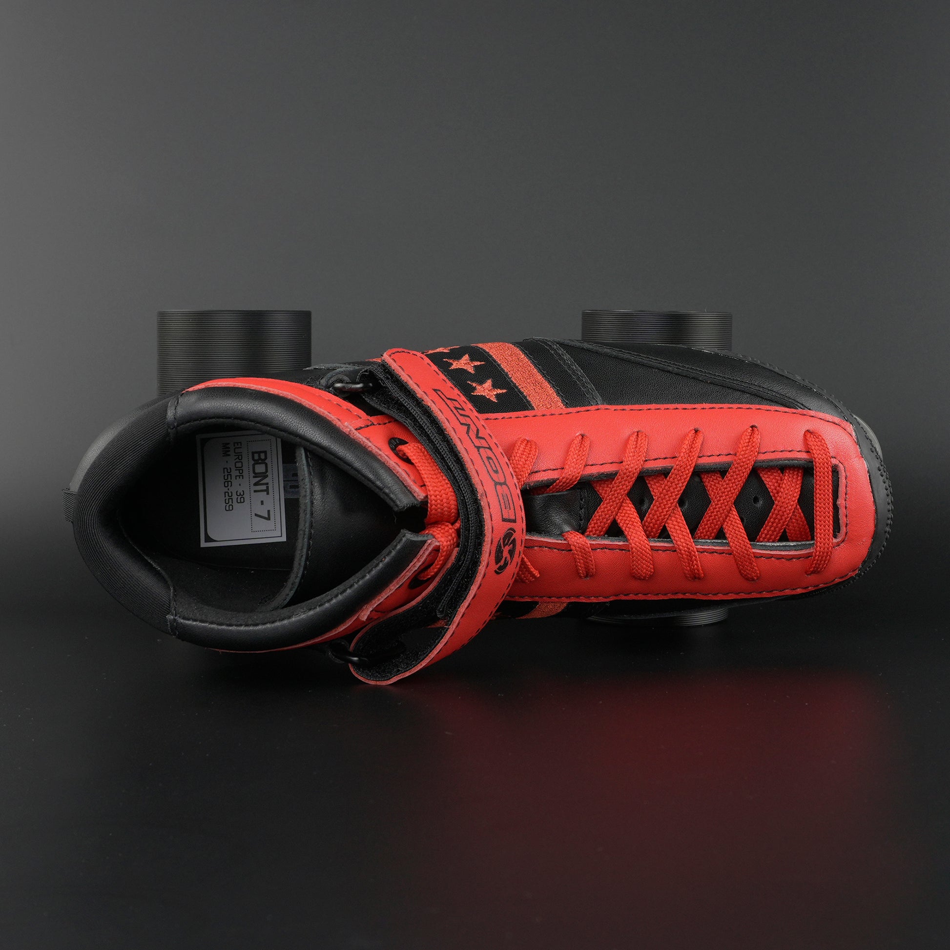 Top down view highlighting boot shape, padding, and tongue construction