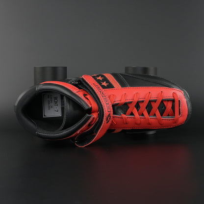 Top down view highlighting boot shape, padding, and tongue construction