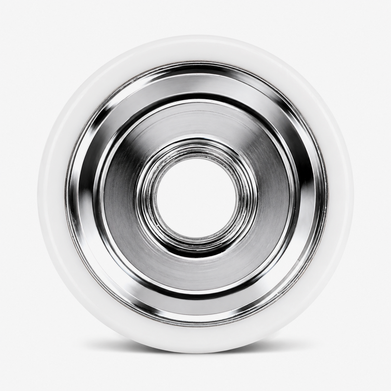 Close-up of the 6061 aluminum hub with electroplated silver finish with white urethane