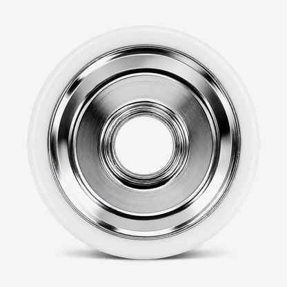 Close-up of the 6061 aluminum hub with electroplated silver finish with white urethane