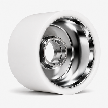 Side view of Ultraglide Indoor Roller Skate Wheel showing polished silver hub with white urethane