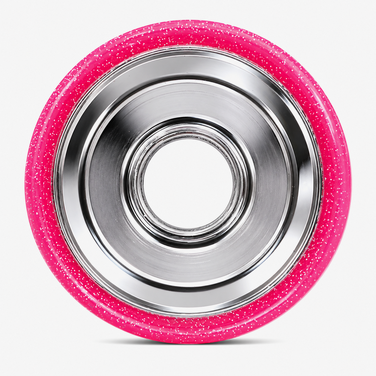 Close-up of the 6061 aluminum hub with electroplated silver finish with pink glitter urethane 