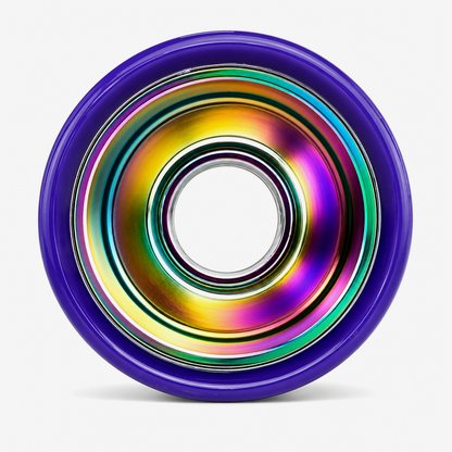Close-up of the 6061 rainbow iridescent hub with purple urethane